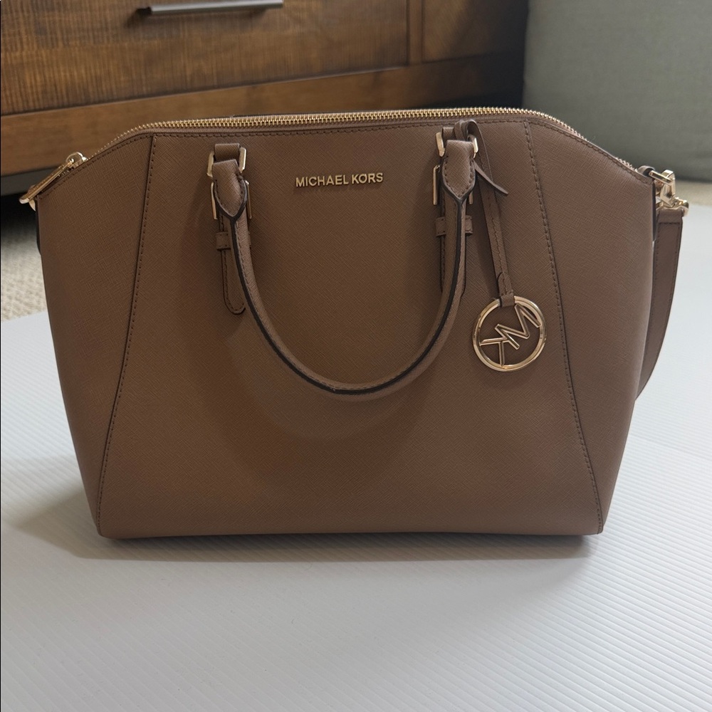 Michael Kors Camel Brown Saffiano Leather Satchel with Gold Hardware